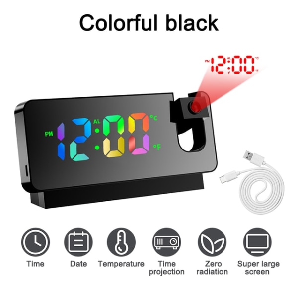 180° Rotasjons LED Digital Projektorvekkerklokke USB Elektro