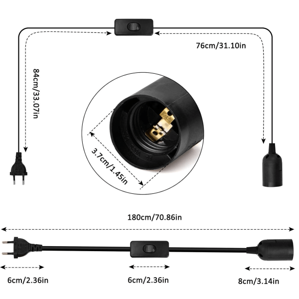 2 x E27-kannat (musta) kytkimellä, E27-riippuvalaisimen kanta kierteitetyllä kauluksella, 1,8 m virtajohto ja EU-pistoke lattiavalaisimiin ja riippuvalaisimiin