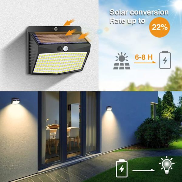 Ulkoinen aurinkovalaisin liiketunnistimella, 3 kpl 138 LED:n vedenpitävä johdoton