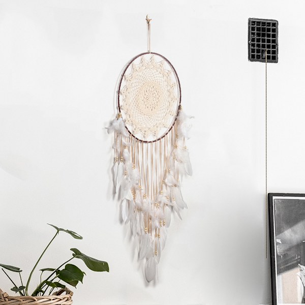 Uden lys - Stor Boho Dream Catcher Hvid fjer Macrame Wal