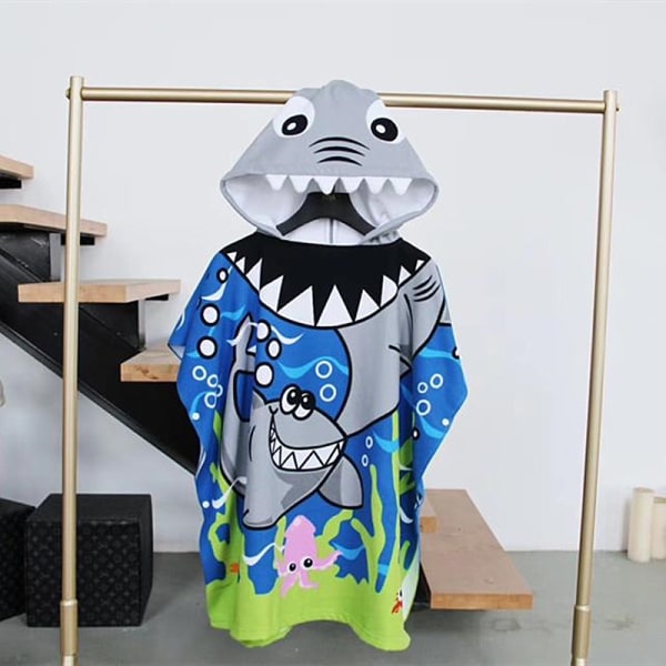 Badhandduk för barn (Blue Shark 150x75 cm), Strandhandduk för barn med huva U