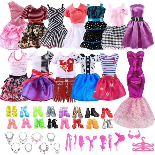 39 stykker Barbie-klær, 11 stykker klær + 20 stykker sko + 18 tilfeldige tilbehør, 11,5 tommers dukke smykker tilbehør kjole, Produktfarge og stil er tilfeldig