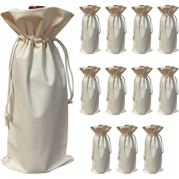 (12-pack) Presentpåsar för vinflaskor i naturlig bomull Canvas med drag