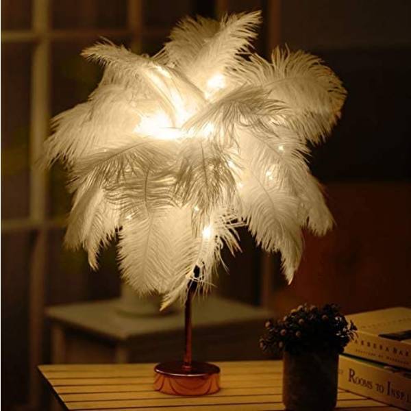 Strudsefjer Bordlampe Smedejerns Natlampe LED Kobber W