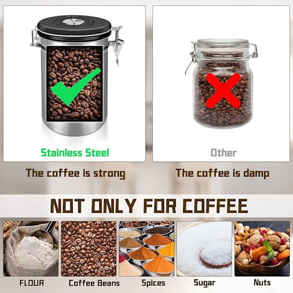 Lufttæt kaffekande, kaffebank, rustfrit stål, 1,5L opbevaring