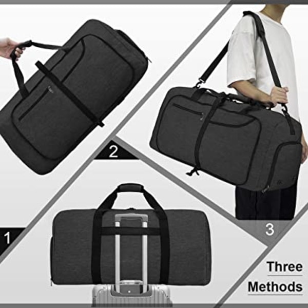 65L Sort, Foldbar Duffel Bag Mænd Vandafvisende Stor Letvægt