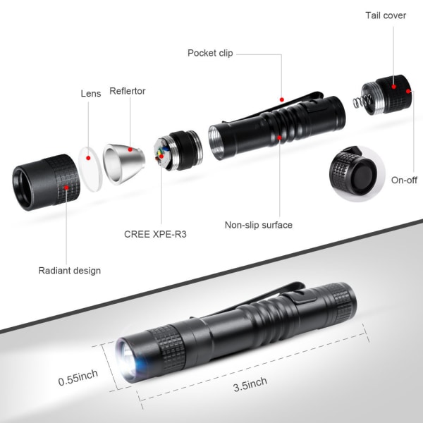 LED-taskulamppu klipsillä (pituus 9cm) Penlight lääketieteellinen miniportti