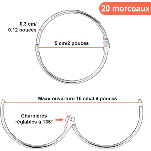 20st Gardinringar, 50mm Cirkel Metallringar Öppningsbara Ringar för