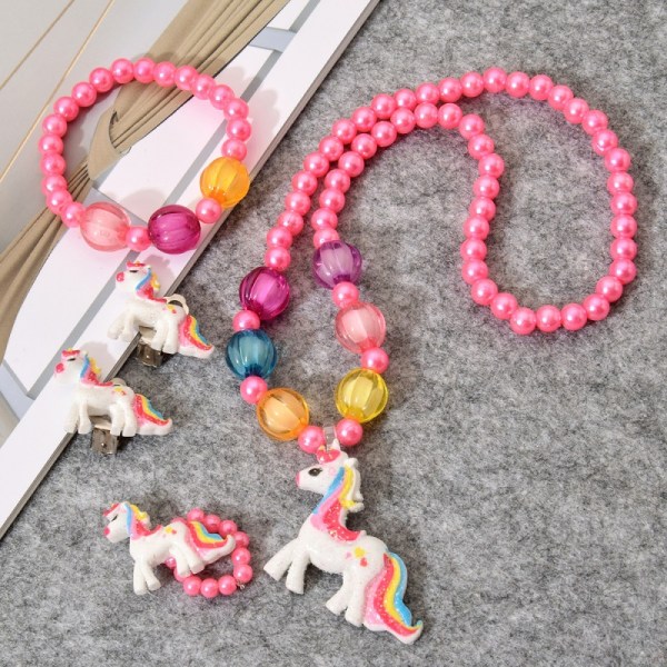 4-delad Unicorn Halsband Armband Set (Rosa), Rainbow Bead Brace