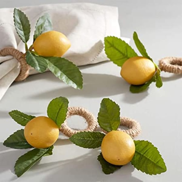 Håndlavede servietringe (citron) Sæt med 4, gul imiteret citron med Vi