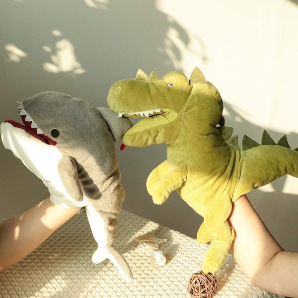 Plys dinosaur hånddukke T-Rex med åben bevægelig mund til