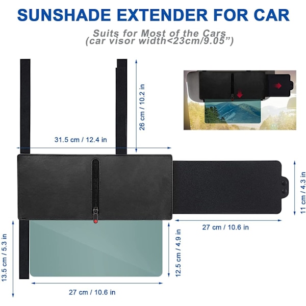 Solskyddsförlängning till bil, 31x15cm Anti-bländande utdragbara solskydd med blixtlås