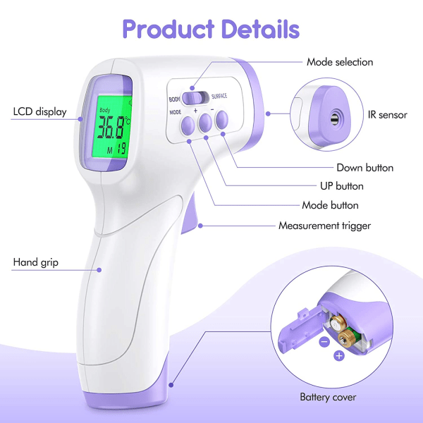 Voksen pandetermometer, berøringsfrit termometer med LCD Dis