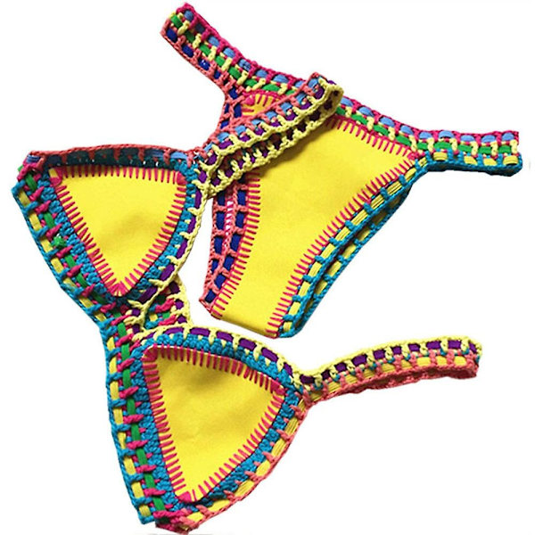 Sexig kvinnobikiniset, vändbar badkläder, låg midja, handgjord stickning Yellow M