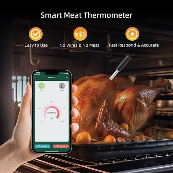 Smart kötttermometer med Bluetooth, trådlös räckvidd för ugnen, Gri