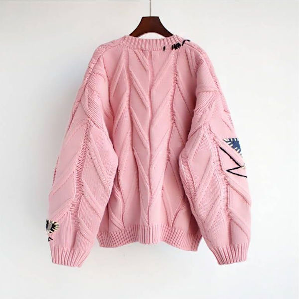 Stickad kofta med broderi för kvinnor, designad med V-ringning Pink