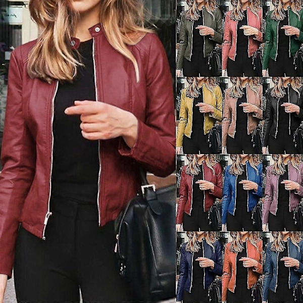 SJJYV Slim Fit Läderjacka Dam, Klassisk Moto Biker Pu Höst & Vinter Basic Wine Red M