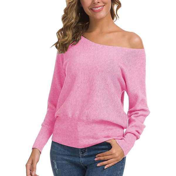 Feiersi Off Shoulder tröja för kvinnor Casual långärmade toppar med rund hals 09 Pink Large