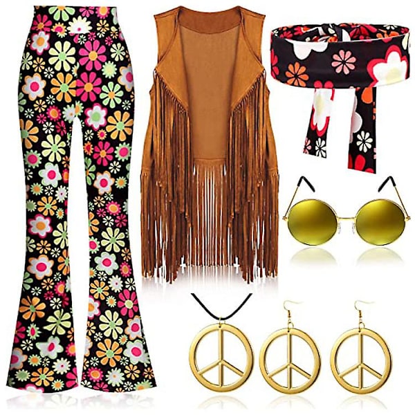 70-tals Hippiefest Retro Kostym med fransväst + byxor + halsduk Nytt sätt black M