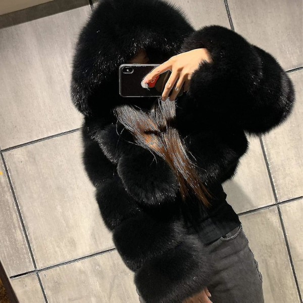 Konstgjord Pälsjacka Dam Med Huva Kort Bubbeljacka Fleece Kort Varm J Black Large