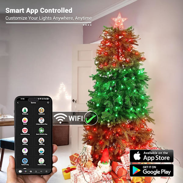 Julbelysning, 65,67 fot 200 LED-färgskiftande trädbelysning 11-Functi RGB - String 200 LED - WIFI
