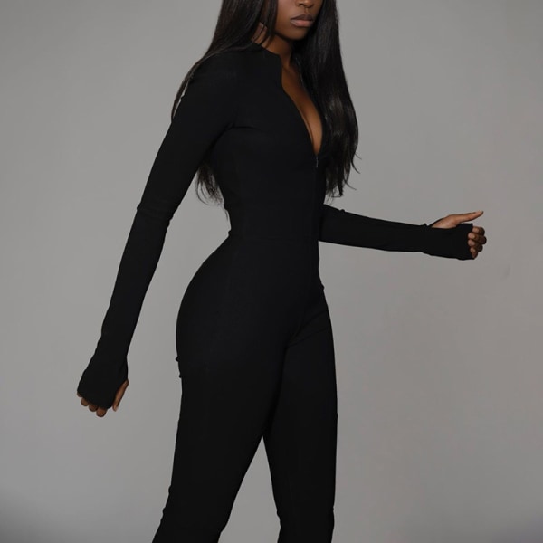 2023 Bodysuit för kvinnor, ny hög midja dragkedja Slim Fit Sportbodysuit ( black M