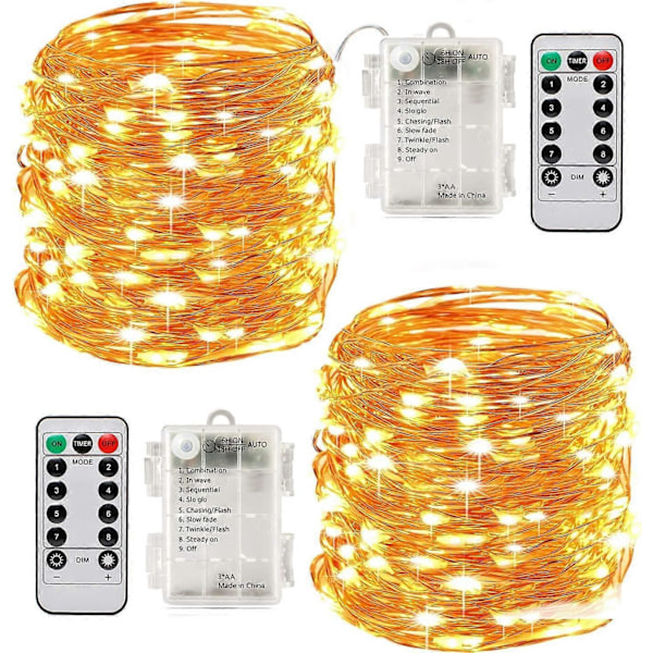 x10m Batteridrivna LED-slingor 100 LEDs Timerfunktion Fjärrkontroll IP65 Vattentät (Gul)