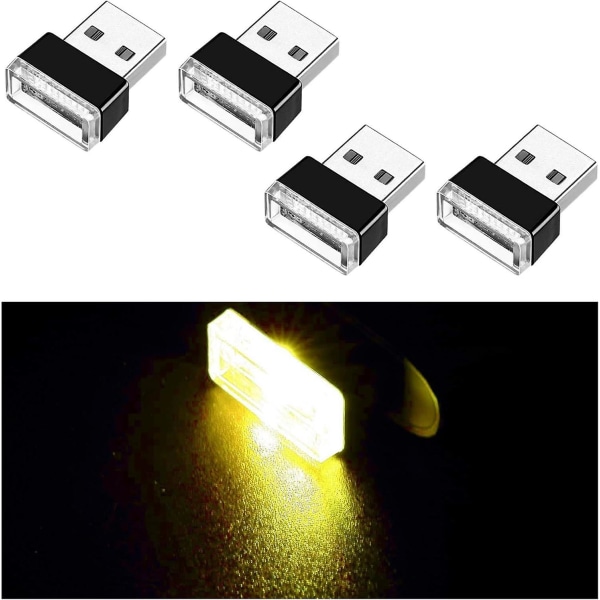 4st USB Led bilinredning atmosfärslampa, mini USB billampa, plug-in Yellow
