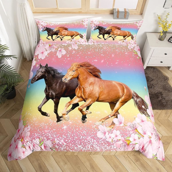 Flickor Häst Sängkläder Set Barn Hästar Rosa Blommig Täcke Set För Ki 220x240cm