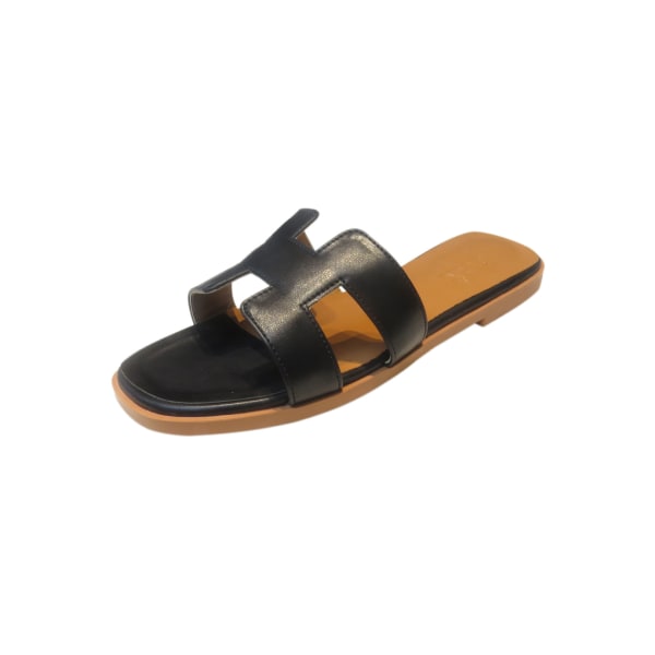 H Svart Brun Vit Biege Guld Platta sandaler för kvinnor Bekväma damsandaler med rutschkana Mode Platta sandaler för kvinnor Sommar black 39