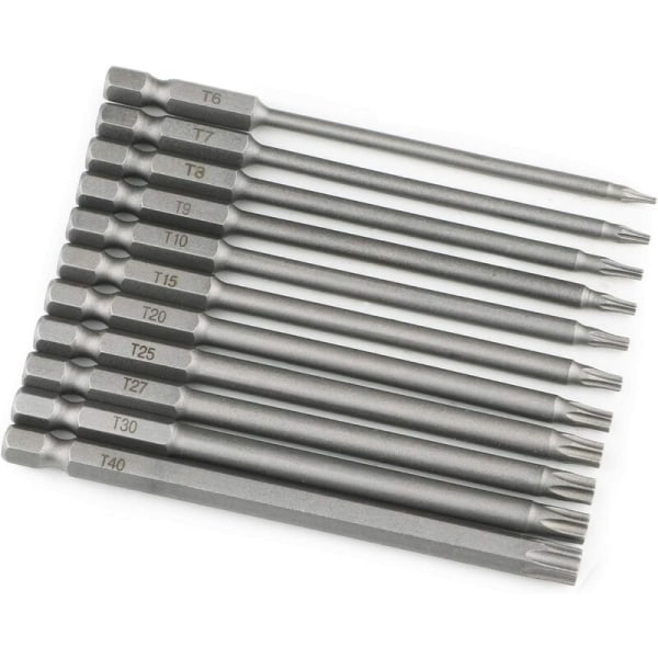 Set med 11 extra långa (100 mm) magnetiska Torx-bits T8-T40 1/4" - He