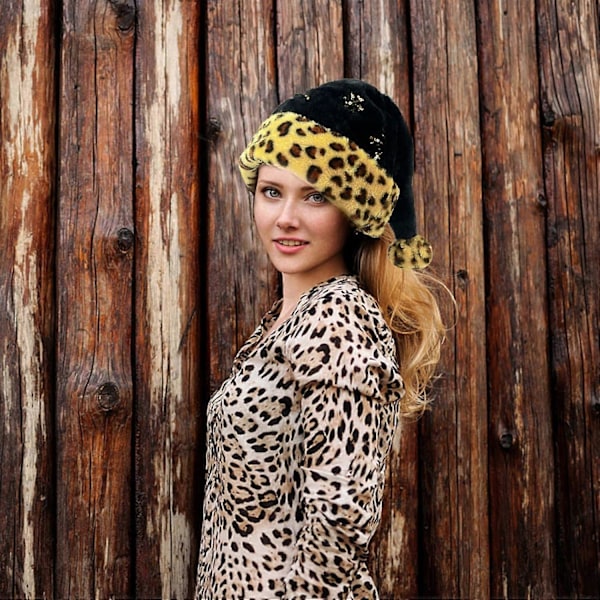 Svart Jultomtehatt Leopardmönster Jultomtehatt Paljetter Plysch Jul