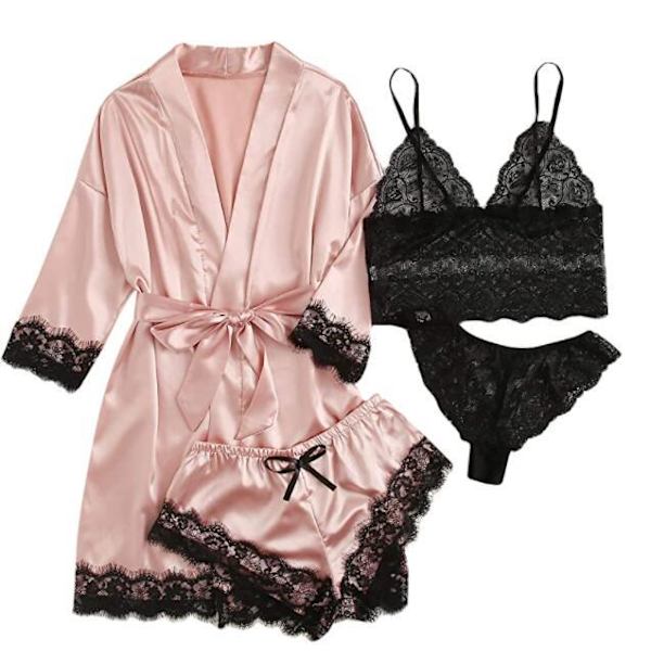 Plus Size Nattkläder Satängunderkläder Pyjamas Set Lingerie Med Robe Spetsbh Och Trosor Fyra Delar Kvinnor cameo brown XL
