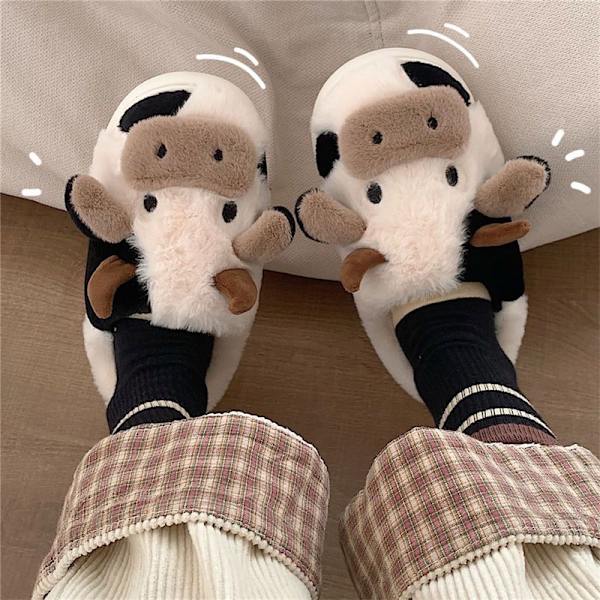 Fuzzy Cow Tofflor Söta Varma Mysiga bomullsskor Djurform Slip-on Sl 40-41