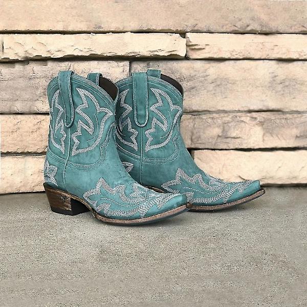 Dam Retro Broderade Western Cowboy Boots Spetsig tå Låg Blockklack Cyan 41