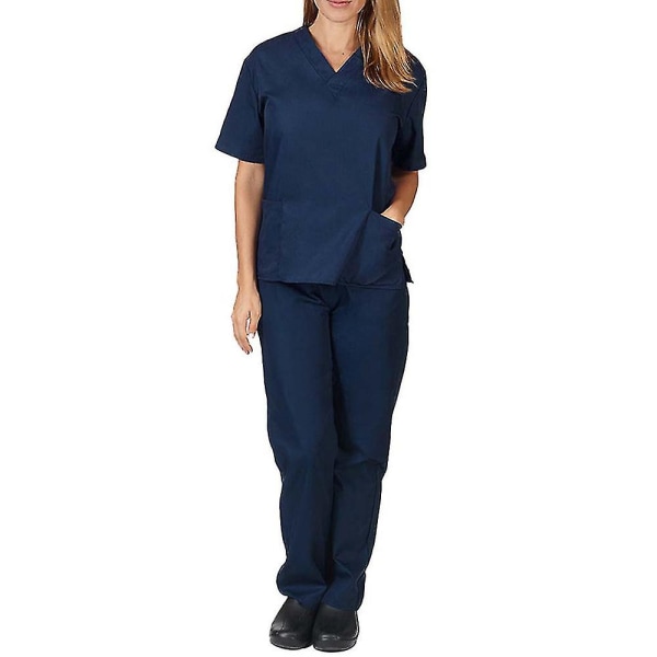 Unisex sjukhus Medical Scrub Top Byxor Uniform 2 st Set sjuksköterska Navy Blue S