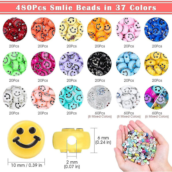 480 st Smiley Face Pärlor, 37 Färger, Akryl, Glada Pärlor