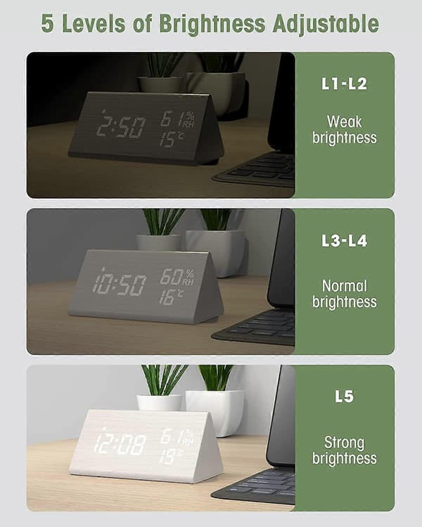 Digital väckarklocka i trä, digital klocka med snooze/datum/temperatur och luftfuktighet - Vit