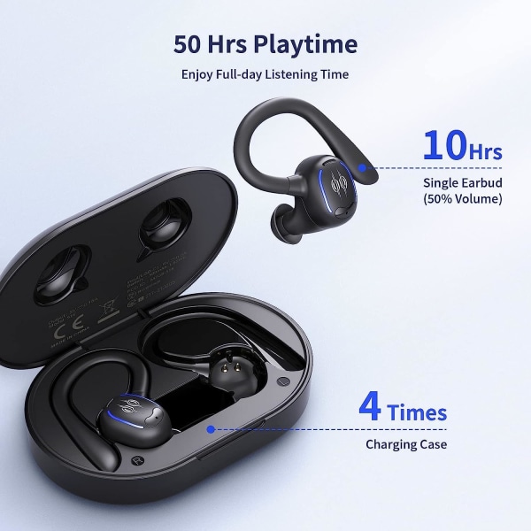 Trådlösa hörlurar Bluetooth hörlurar 50 timmars uppspelning Öronsnäckor IPX7 Wat Black Over Ear