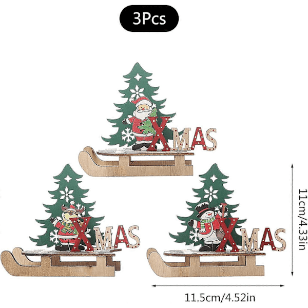 Julgransprydnader Släde, Jul Träsläde Dekorationer Snögubbe Julsläde Prydnader Trä (3st)