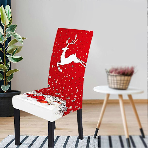 Julstolsöverdrag, mjuka töjbara avtagbara stolsöverdrag med tryck av jultomte, snöflinga och älg