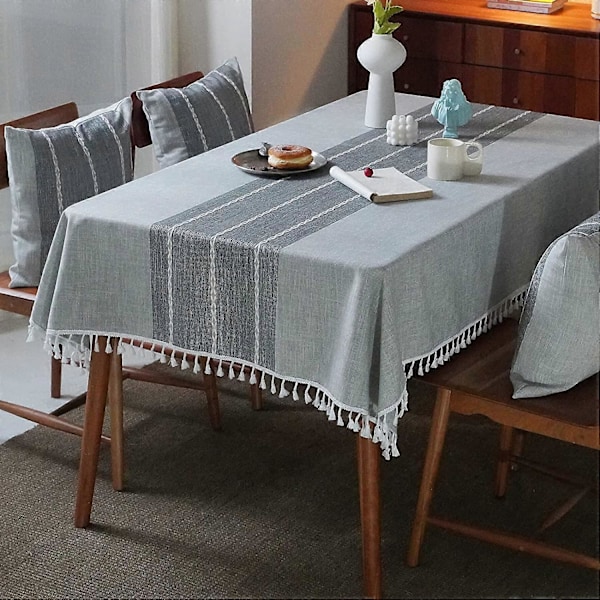 Tvättbar Bordsduk i Bomullslinne med Tofsar för Thanksgiving Jul Kök Matsal (137 x 102 cm, Grå)