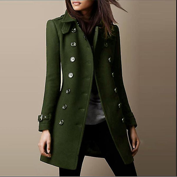 Kvinnors militärstil Stativ krage yllerock Dubbelknäppt ylle L army green