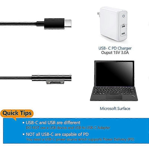 För Surface till USB C Laddningskabel för Surface Pro 3/4/5/6/7, Surface Laptop 3/2/1, Surface Go
