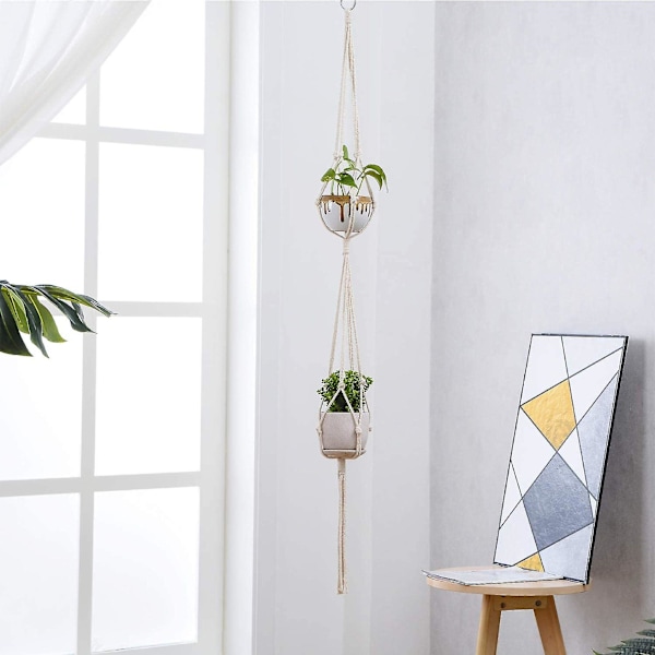 Set med 5 Macrame Blomhängande Planterare Boho Bomullsrep Växtställ för Inomhus- och Utomhusdekoration (Beige)
