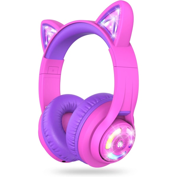 Bluetooth barnhörlurar, BTH13 Cat Ear LED Light Up Wireless 50H Pla Hot Pink