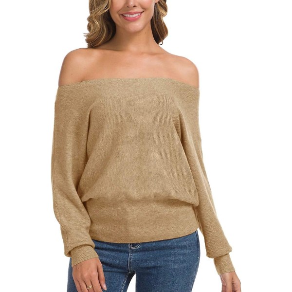 Feiersi Dam Off Shoulder Tröja Casual Långärmad Rundhalsad Topp 05 Khaki Large