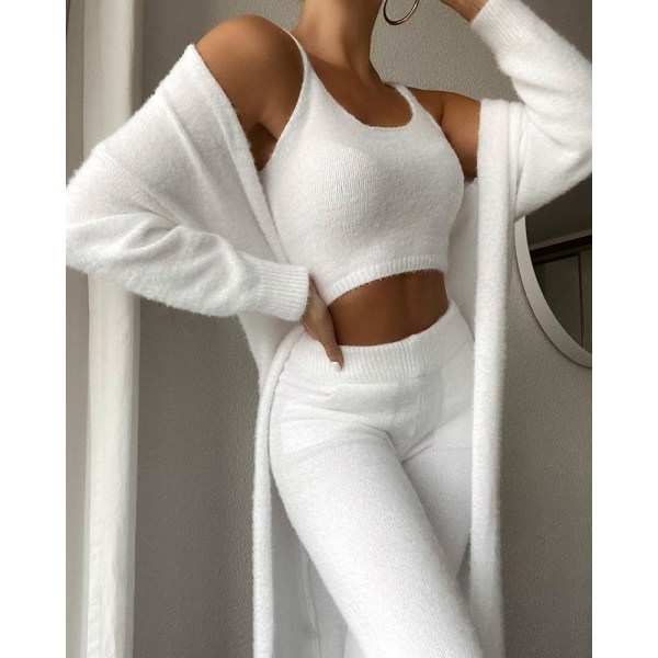 Warm Plush nattkläder set, långärmad huvklänning, väst och dragsko white M
