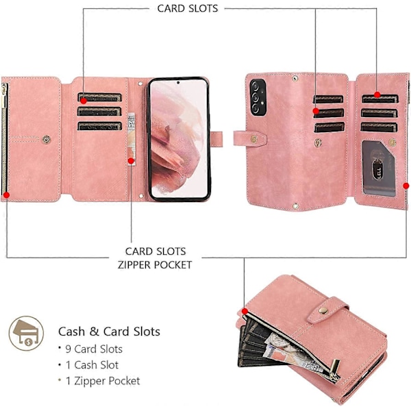 För Samsung Galaxy A51 4G, 9 Kortfack Vintage Läderplånbok Stötsäker Fodral med Handrem Kortfack Dragkedja - Vintage Rosa