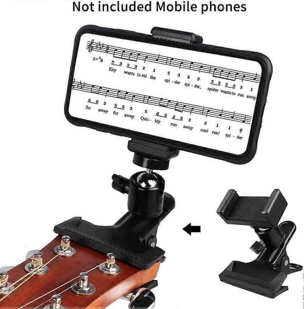 Gitarrhuvudklämma, Gitarrtelefonhållare, Smartphone Gitarr Capo, Gitarrhuvud Mobiltelefon Klämfäste för Smartphone och Actionkameror, Nära